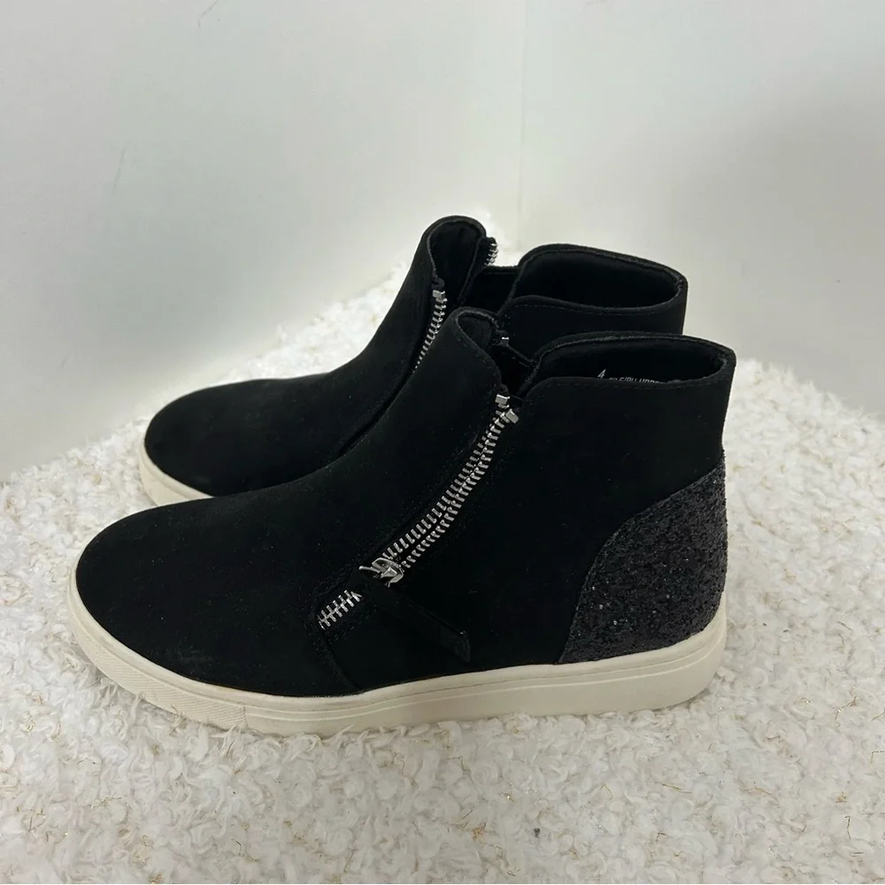Joie Kids Black Faux Suede Glitter Heel High Top Sneakers Side Zip Boots Size‎ 4